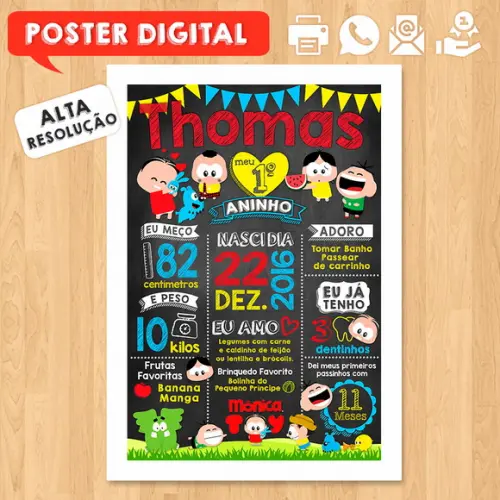 Arte Digital Poster Aniversário A3 30x42cm Turma da Monica