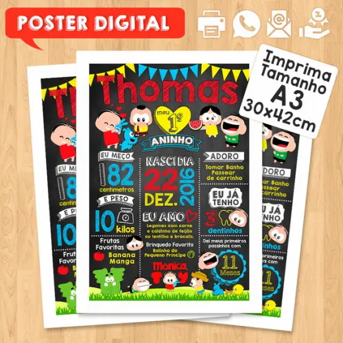 Arte Digital Poster Aniversário A3 30x42cm Turma da Monica