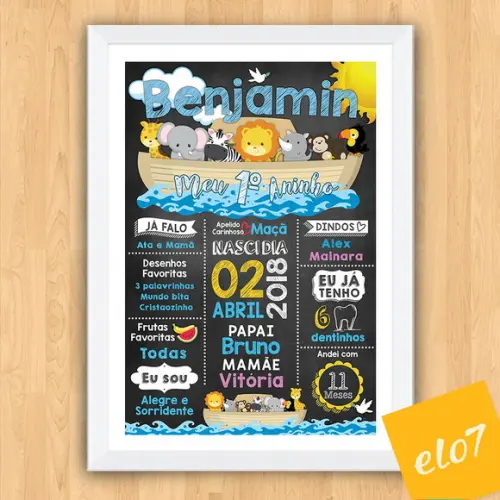 Chalkboard Aniversário Arca De Noé Com Moldura 30x42cm