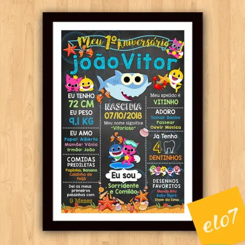 Chalkboard Aniversário Baby Shark c/ Moldura 30x42cm