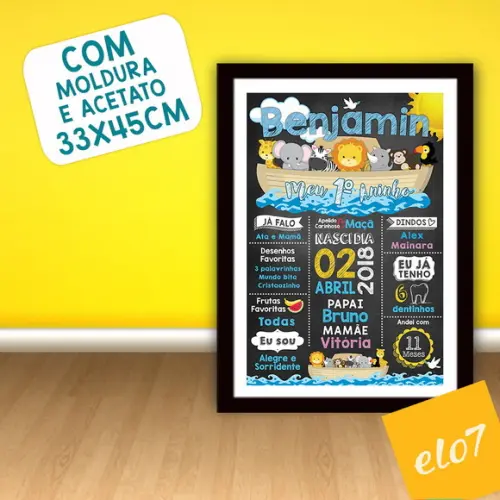 Chalkboard Aniversário Arca De Noé Com Moldura 30x42cm