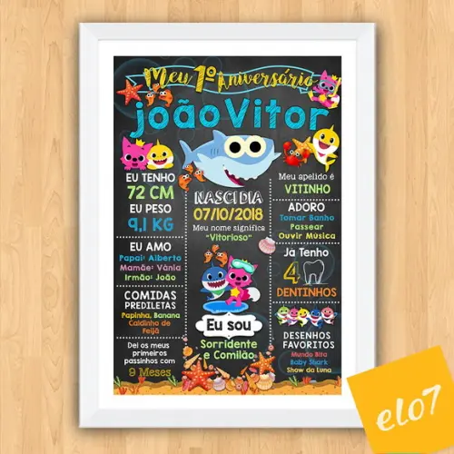 Chalkboard Aniversário Baby Shark c/ Moldura 30x42cm