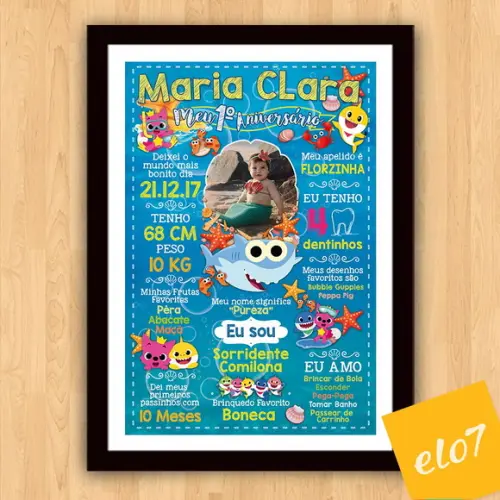 Chalkboard Aniversário Baby Shark C/ Moldura 30x42cm