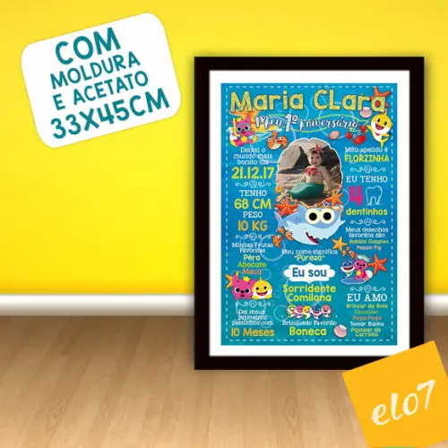 Chalkboard Aniversário Baby Shark C/ Moldura 30x42cm