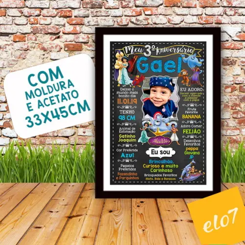 Chalkboard Aniversário C/ Moldura Alladin Com Foto 30x42cm