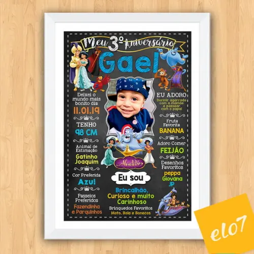 Chalkboard Aniversário C/ Moldura Alladin Com Foto 30x42cm
