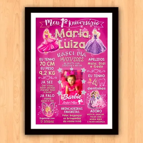 Chalkboard Aniversário c/ Moldura Barbie Princesas 30x42cm