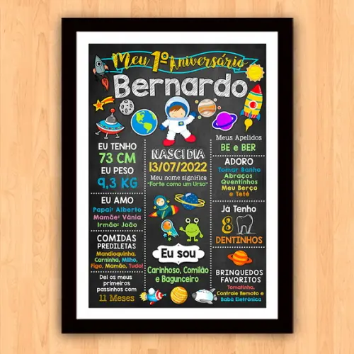 Chalkboard Aniversário c/ Moldura Astronauta Astros 30x42cm