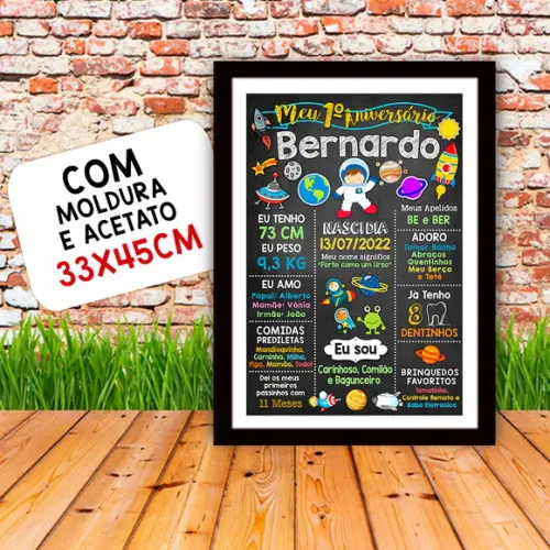 Chalkboard Aniversário c/ Moldura Astronauta Astros 30x42cm