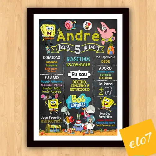 Chalkboard Aniversário C/ Moldura Bob Esponja 5 Anos 30x42cm