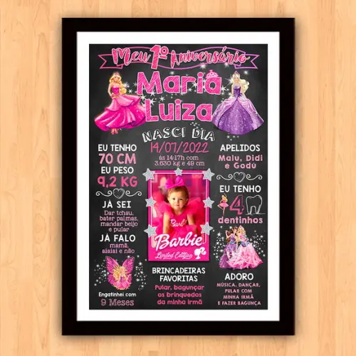 Chalkboard Aniversário c/ Moldura Barbie Princesas 30x42cm