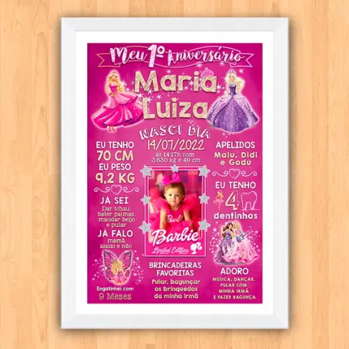 Chalkboard Aniversário c/ Moldura Barbie Princesas 30x42cm