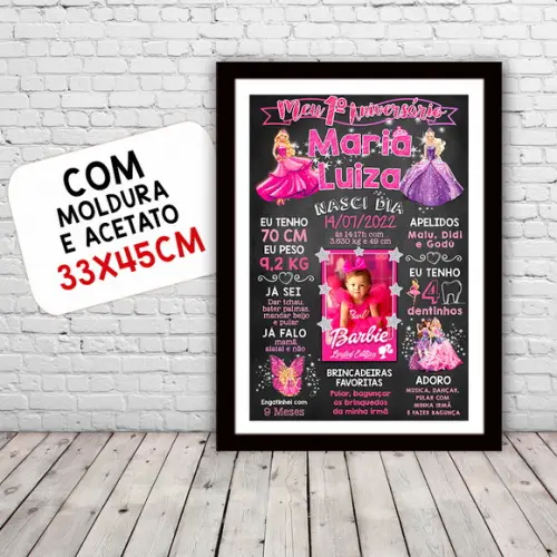Chalkboard Aniversário c/ Moldura Barbie Princesas 30x42cm