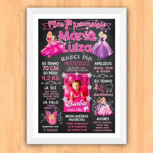 Chalkboard Aniversário c/ Moldura Barbie Princesas 30x42cm