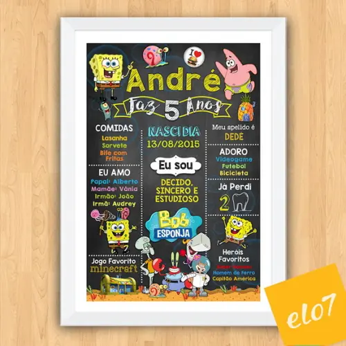 Chalkboard Aniversário C/ Moldura Bob Esponja 5 Anos 30x42cm