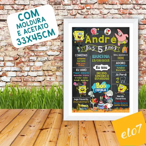Chalkboard Aniversário C/ Moldura Bob Esponja 5 Anos 30x42cm