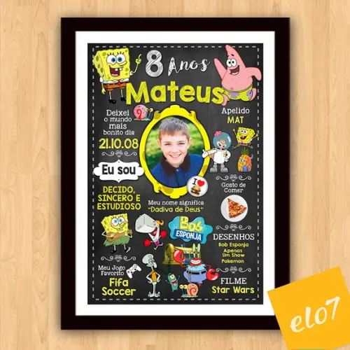 Chalkboard Aniversário C/ Moldura Bob Esponja 8 Anos 30x42cm