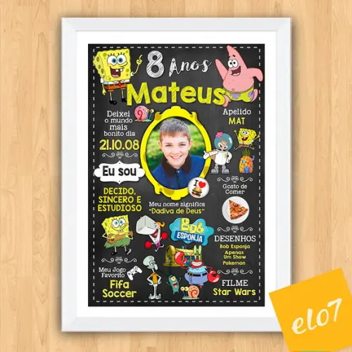 Chalkboard Aniversário C/ Moldura Bob Esponja 8 Anos 30x42cm