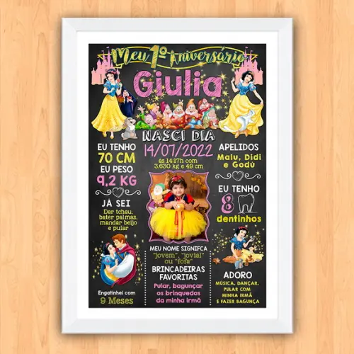 Chalkboard Aniversário c/ Moldura Branca de Neve 30x42cm