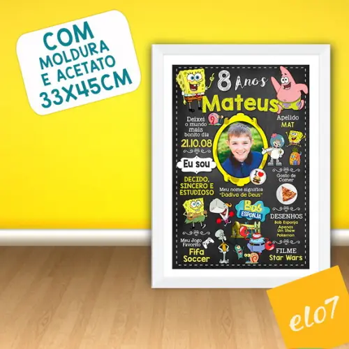 Chalkboard Aniversário C/ Moldura Bob Esponja 8 Anos 30x42cm