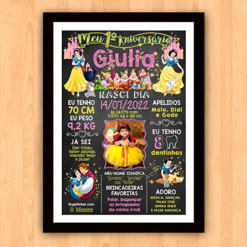 Chalkboard Aniversário c/ Moldura Branca de Neve 30x42cm