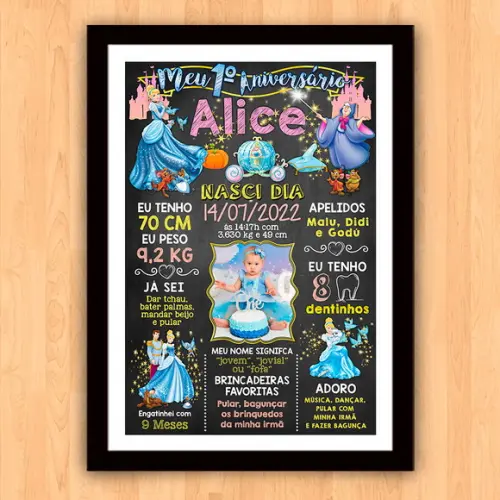 Chalkboard Aniversário c/ Moldura Cinderela com Foto 30x42cm