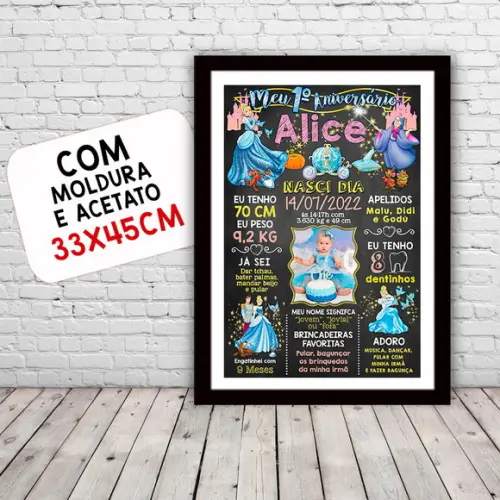 Chalkboard Aniversário c/ Moldura Cinderela com Foto 30x42cm