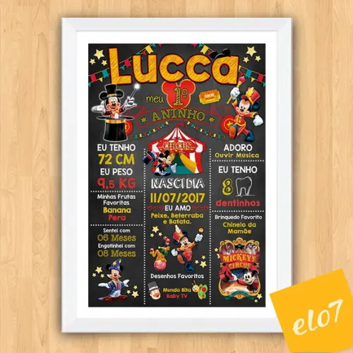 Chalkboard Aniversário C/ Moldura Circo Do Mickey 30x42cm