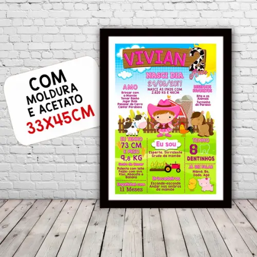 Chalkboard Aniversário c/ Moldura Cowboy Fazendinha 30x42cm