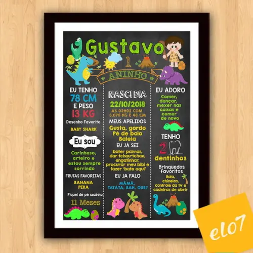 Chalkboard Aniversário C/ Moldura Dinossauros 30x42cm