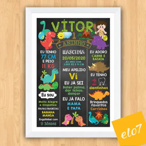 Chalkboard Aniversário C/ Moldura Dinossauros 30x42cm