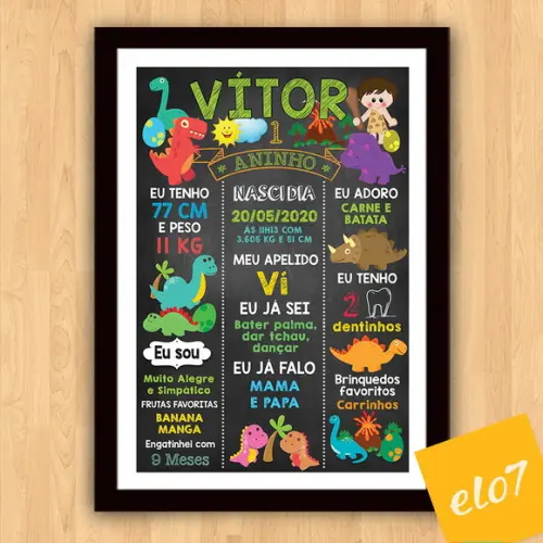 Chalkboard Aniversário C/ Moldura Dinossauros 30x42cm