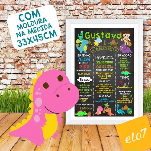 Chalkboard Aniversário C/ Moldura Dinossauros 30x42cm