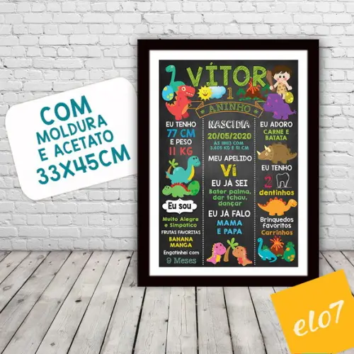 Chalkboard Aniversário C/ Moldura Dinossauros 30x42cm