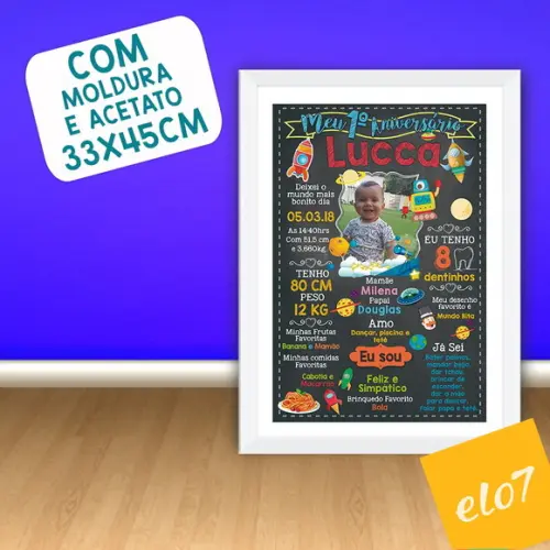 Chalkboard Aniversário C/ Moldura Foguetes Planetas 30x42cm