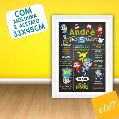 Chalkboard Aniversário C/ Moldura Luccas Neto 5 Anos 30x42cm