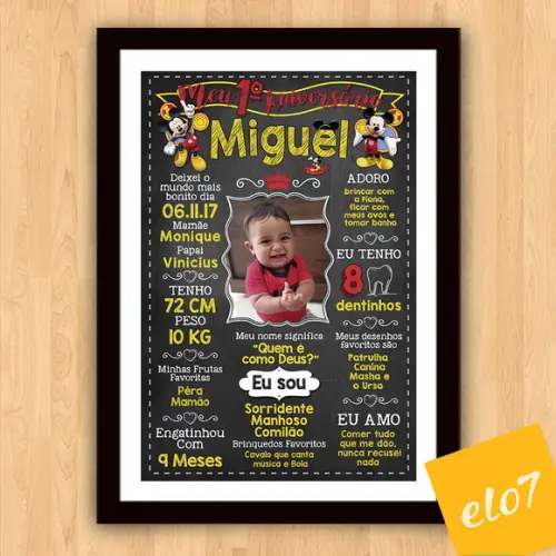Chalkboard Aniversário c/ Moldura Mickey Mouse Foto 30x42cm