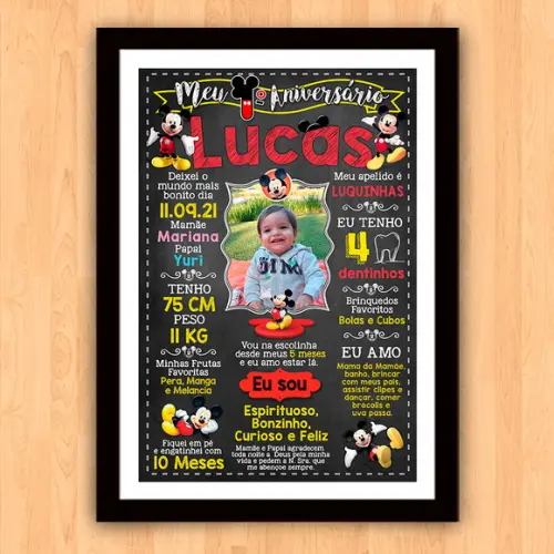 Chalkboard Aniversário C/ Moldura Mickey Mouse Foto 30x42cm