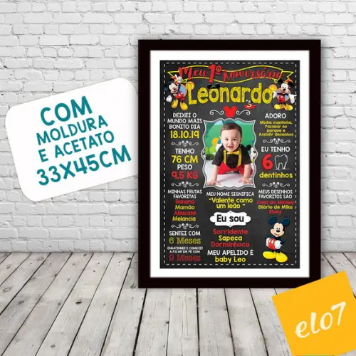 Chalkboard Aniversário C/ Moldura Mickey Mouse Foto 30x42cm