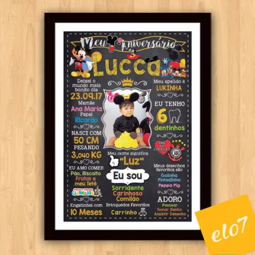 Chalkboard Aniversário C/ Moldura Mickey Mouse Foto 30x42cm