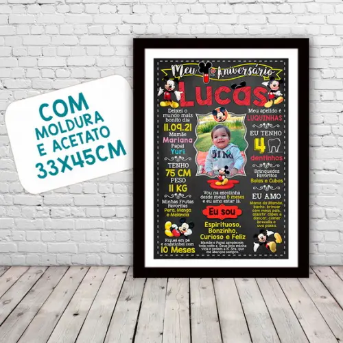 Chalkboard Aniversário C/ Moldura Mickey Mouse Foto 30x42cm