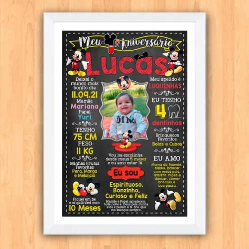 Chalkboard Aniversário C/ Moldura Mickey Mouse Foto 30x42cm