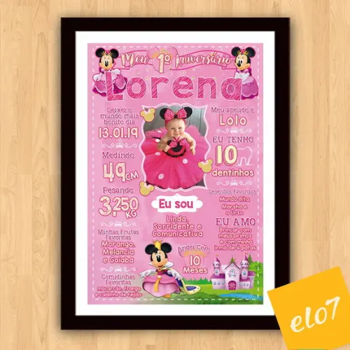 Chalkboard Aniversário C/ Moldura Minnie Com Foto 30x42cm