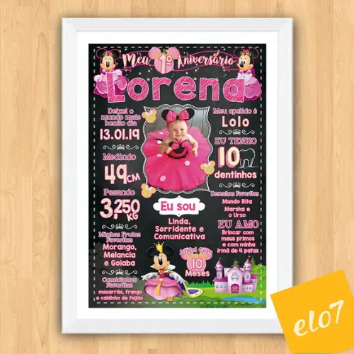 Chalkboard Aniversário C/ Moldura Minnie Com Foto 30x42cm