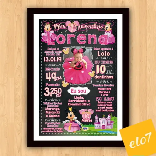 Chalkboard Aniversário C/ Moldura Minnie Com Foto 30x42cm