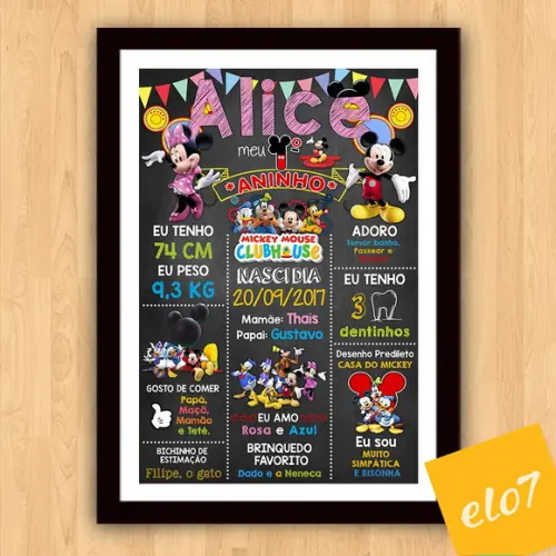 Chalkboard Aniversário C/ Moldura Minnie Mickey A3 30x42cm