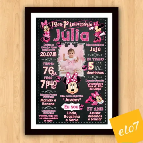 Chalkboard Aniversário C/ Moldura Minnie Com Foto 30x42cm
