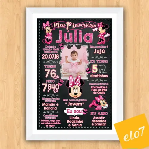 Chalkboard Aniversário C/ Moldura Minnie Com Foto 30x42cm