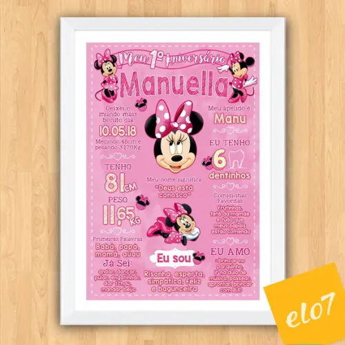 Chalkboard Aniversário C/ Moldura Minnie Rosa Pink 30x42cm