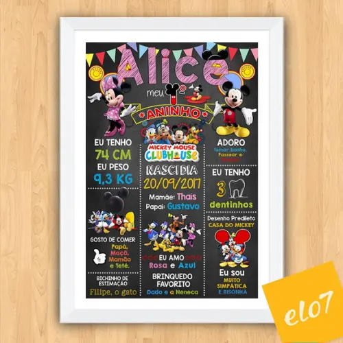 Chalkboard Aniversário C/ Moldura Minnie Mickey A3 30x42cm